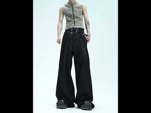360-degree video showcasing the deconstructed pleated wide-leg trousers with spliced belt design