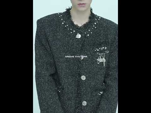 360-degree video showcasing all angles of the pearl-trimmed tweed jacket with glitter accents