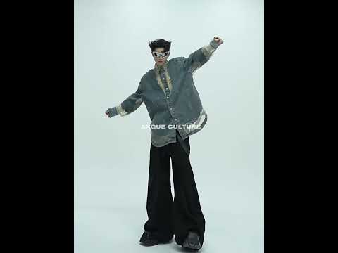 360-degree video showing all angles of this unique distressed denim shirt with lace trim and cutout details