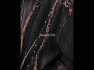 360-degree video showcase of distressed deconstructed denim jacket with fringe and stud details