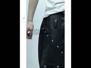 360-degree video showing metal-studded black PU leather pants from all angles with streetwear styling