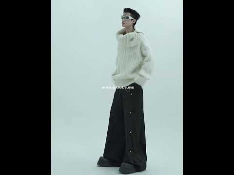 Split-Neck Oversized Knit Sweater in Beige or Gray video