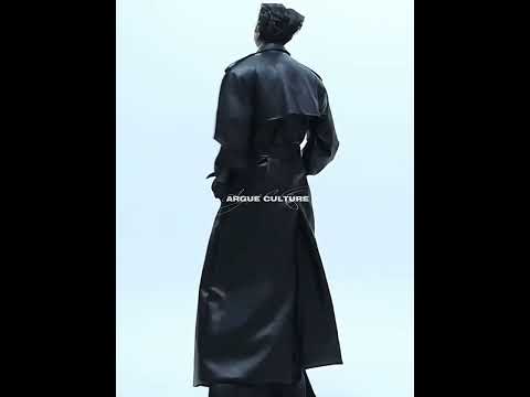 Video showcasing the oversized PU leather trench coat with deconstructed shoulder pads being modeled