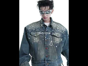 360-degree video showing all angles of vintage rhinestone denim jacket and straight leg jeans set