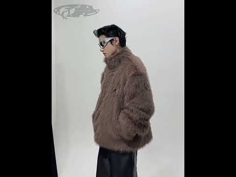 Video showcasing the faux fur coat from all angles, highlighting stand collar design and plush texture details