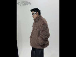 Video showcasing the faux fur coat from all angles, highlighting stand collar design and plush texture details