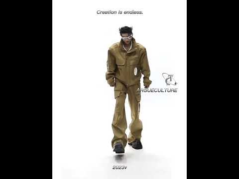 360-degree video showcase of deconstructed mirror-panel jacket with oversized pockets and avant-garde design