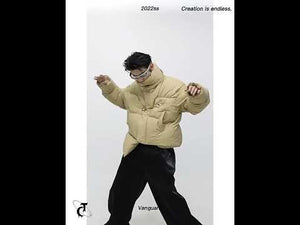 360-degree video showcasing all angles of the asymmetrical cropped puffer jacket with metal accents
