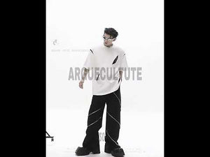 360-degree video showcasing the deconstructed sleeveless tee's geometric cut-outs and futuristic streetwear design