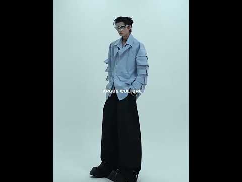360-degree video showcase of the deconstructed shoulder-pad shirt highlighting its pleated collar and streetwear style