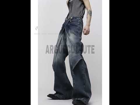 360-degree video showcasing the distressed deconstructed flare jeans from all angles, highlighting the raw hem and wide leg design