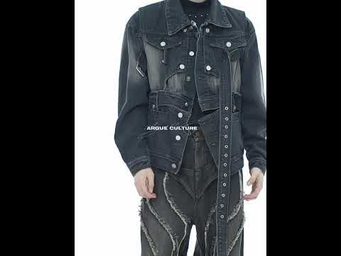 360-degree video showing all angles of the cropped two-tone distressed denim jacket with streetwear details