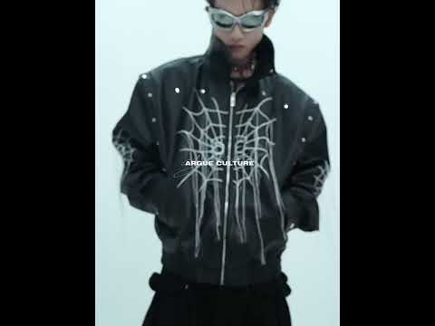 360-degree video showcasing the unique spiderweb fringe design and metal stud details on this punk leather jacket