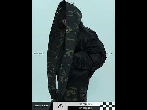 360-degree video showcasing all features of the heavyweight cotton camouflage bomber jacket with hood and streetwear details