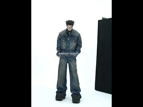 360-degree video showing distressed denim suit details, movement and unique crinkled wash effect