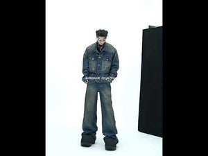 360-degree video showing distressed denim suit details, movement and unique crinkled wash effect