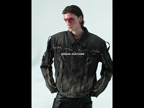 360-degree video showcase of distressed denim jacket highlighting all unique design features and details