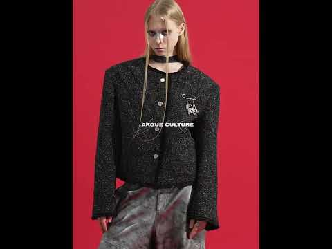 360-degree video showcasing glossy textured jacket with quilted shoulders from all angles