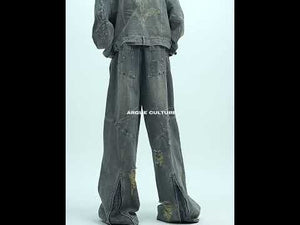 360-degree video showing all angles of the laser-cut distressed denim jacket and wide-leg jeans set