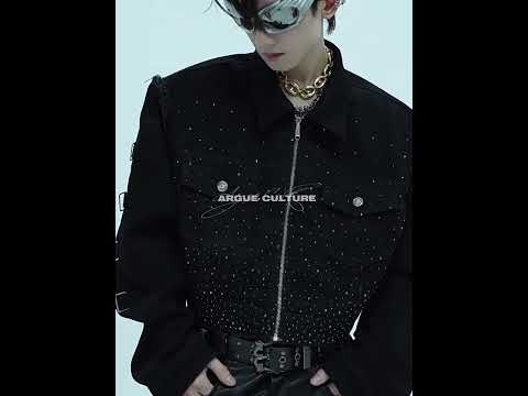 360-degree video showcasing the cropped fit, shoulder pads and rhinestone design of this avant-garde denim jacket