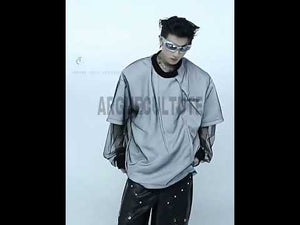 360-degree video showcasing the oversized streetwear t-shirt with unique mesh layering design