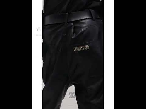 Video demonstration showing how the pleated leather pants move and their split hem design in action