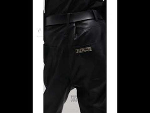 Video demonstration showing how the pleated leather pants move and their split hem design in action