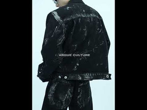 360-degree video showing how to style the distressed denim set with metal studs and airbrush details