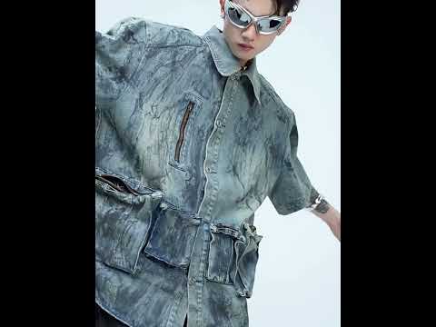 360-degree video showing all angles of this distressed denim coat with hand-painted streetwear design