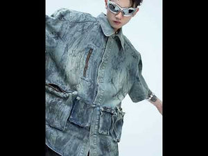 360-degree video showing all angles of this distressed denim coat with hand-painted streetwear design
