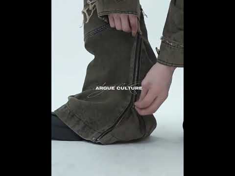 360-degree video showcase of distressed vintage denim jacket with fringe details and deconstructed streetwear design
