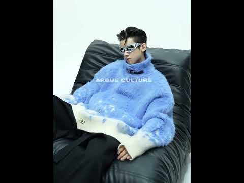 360-degree video showcasing the deconstructed gradient pattern and faux fur details of this statement knit sweater