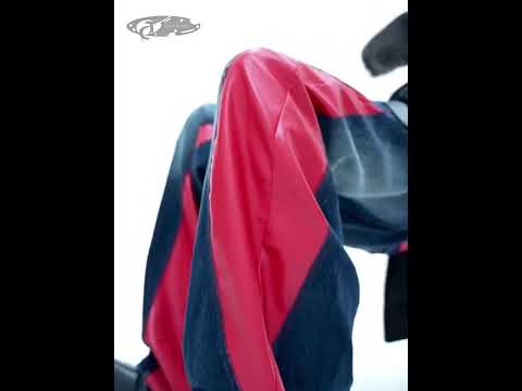 360 degree video showcasing vintage distressed denim jeans with PU patchwork details and color-block design