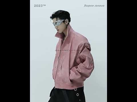 360-degree video showcase of the cropped leather jacket highlighting shoulder pads and metal details