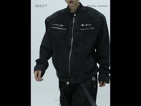 360-degree video showcasing vintage washed denim jacket with distressed finish and signature metal hardware details