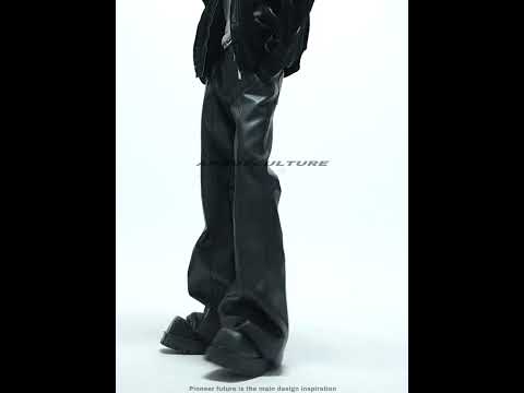 360-degree video showcasing distressed high-waist leather pants from all angles with micro flare fit details
