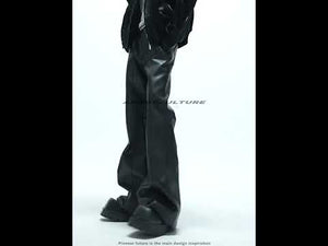 360-degree video showcasing distressed high-waist leather pants from all angles with micro flare fit details