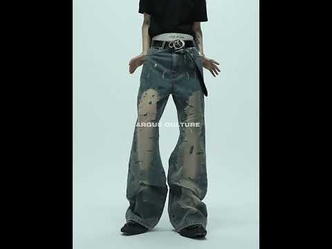 360-degree video showcasing the distressed hollow-out details and flared silhouette of these vintage streetwear jeans