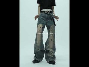 360-degree video showcasing the distressed hollow-out details and flared silhouette of these vintage streetwear jeans