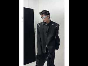 Video showcasing deconstructed metal-clasp blazer bomber jacket with stand collar and shoulder pads in motion
