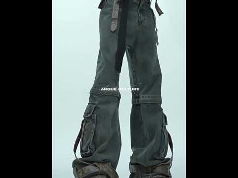 Video showcasing all angles of the detachable patchwork vintage jeans with PU saddle straps