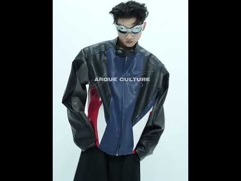 360-degree video showcasing all angles of this color-block PU leather jacket with oversized shoulders and cropped fit