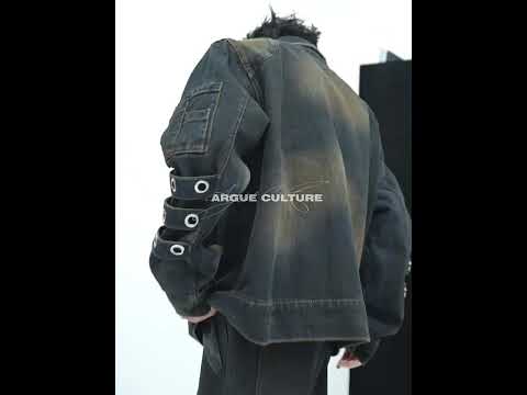 360-degree video showcasing the distressed denim jacket and cargo pants set with all design features