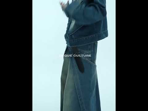 Video showing model wearing vintage deconstructed denim set from multiple angles with movement