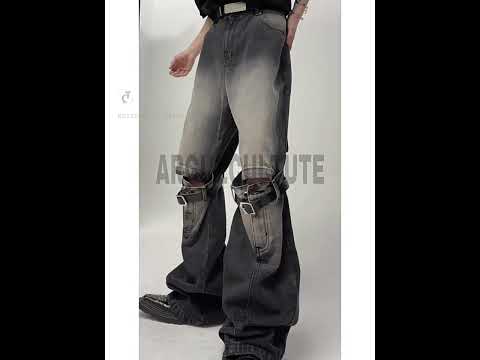 360-degree video showing vintage black distressed flare jeans from all angles, highlighting high waist and cut-out details