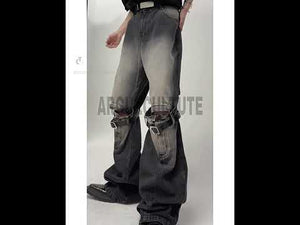 360-degree video showing vintage black distressed flare jeans from all angles, highlighting high waist and cut-out details