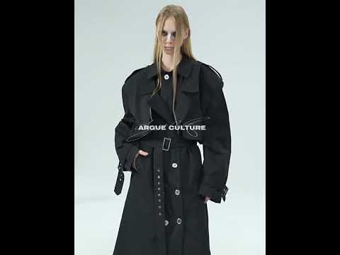360-degree video showing all angles of the metallic oversized trench coat with shoulder pad details