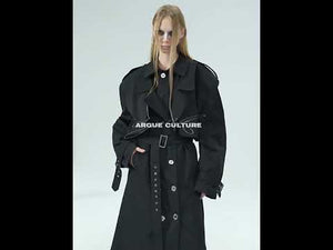 360-degree video showing all angles of the metallic oversized trench coat with shoulder pad details