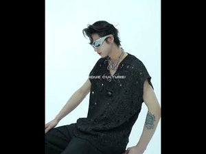 Video showing how to style this metallic distressed tank top with glossy sheer cape for Y2K fashion outfits