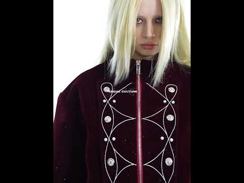360-degree video showcase of the cropped metallic-button jacket with pearl embellishments and stand collar